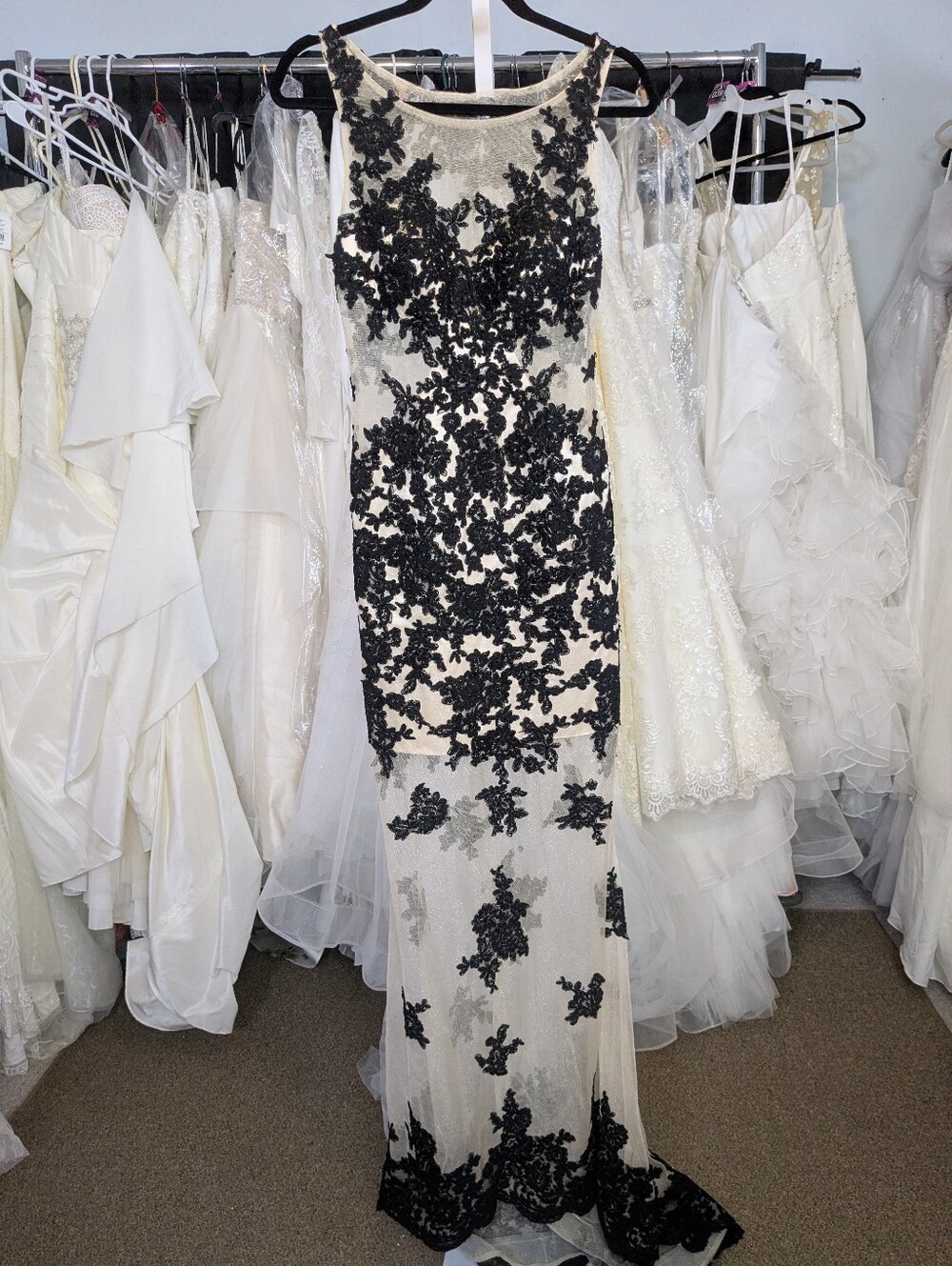 Madison James Black and Nude Floral Lace Illusion Mermaid Gown - Picture 5 of 10